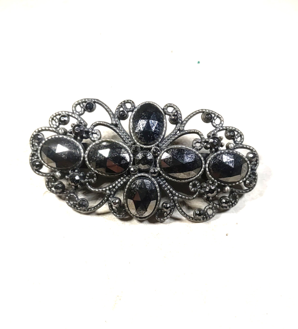 Black Rhinestone Silver Metal Hair Barrette Tension Clip Feminine Classic Swirl